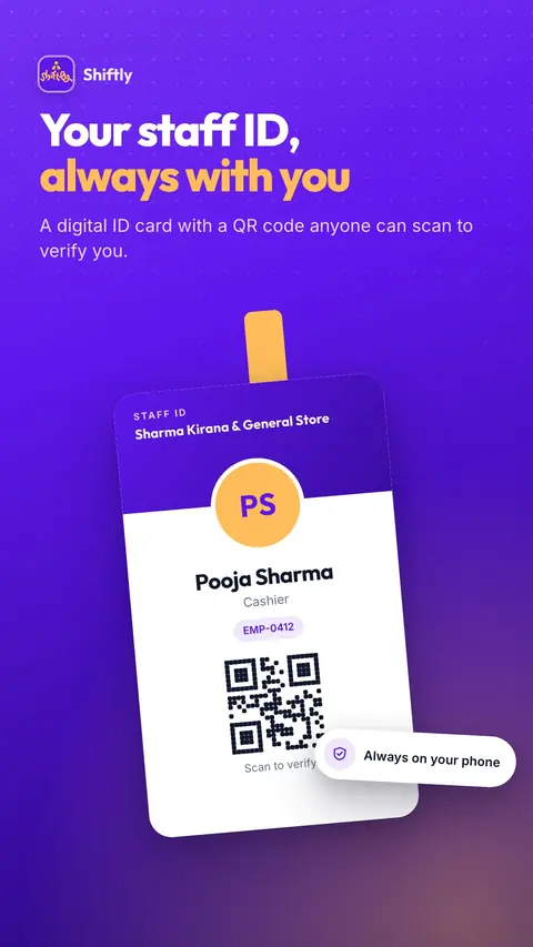 A digital staff ID card with a QR code.
